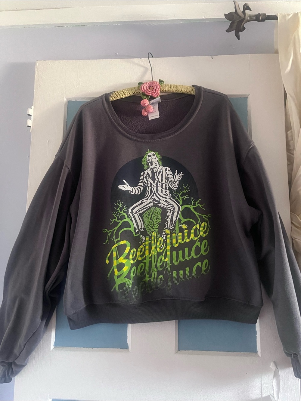 Beetlejuice Graphic Sweatshirt in Charcoal Gray and Neon Green 1X plus size
